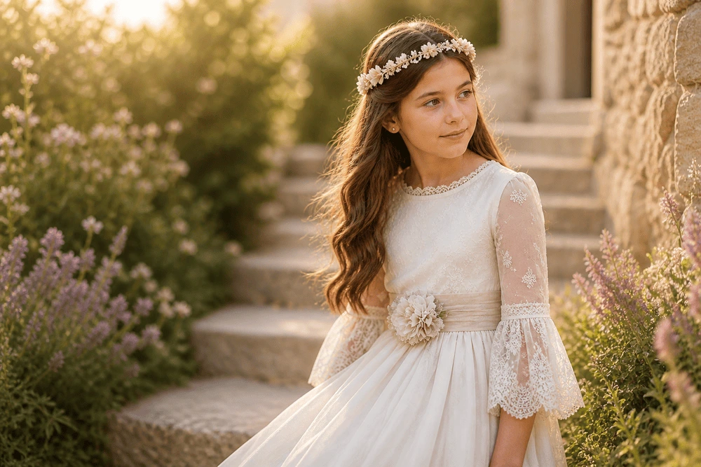 Niña de comunión con vestido blanco en sesión exterior al atardecer en Tarragona